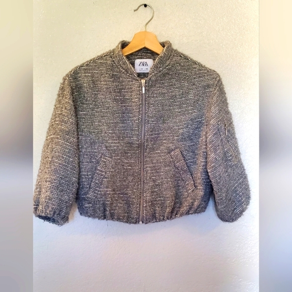 Zara Gray Tweed Cropped Bomber Jacket Size 8 - Picture 1 of 7